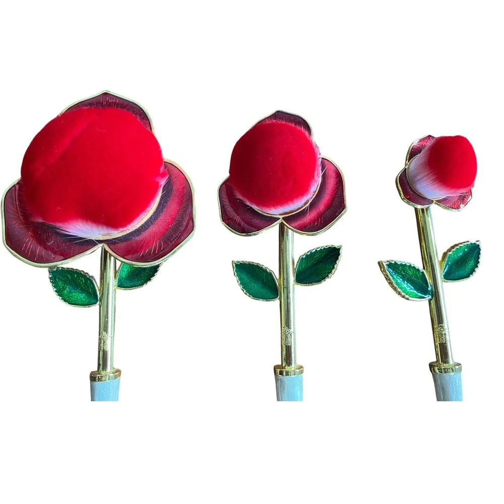 3pc Rose Flower Makeup Brush Set Red Floral Vanity Decor Powder Blush Brushes